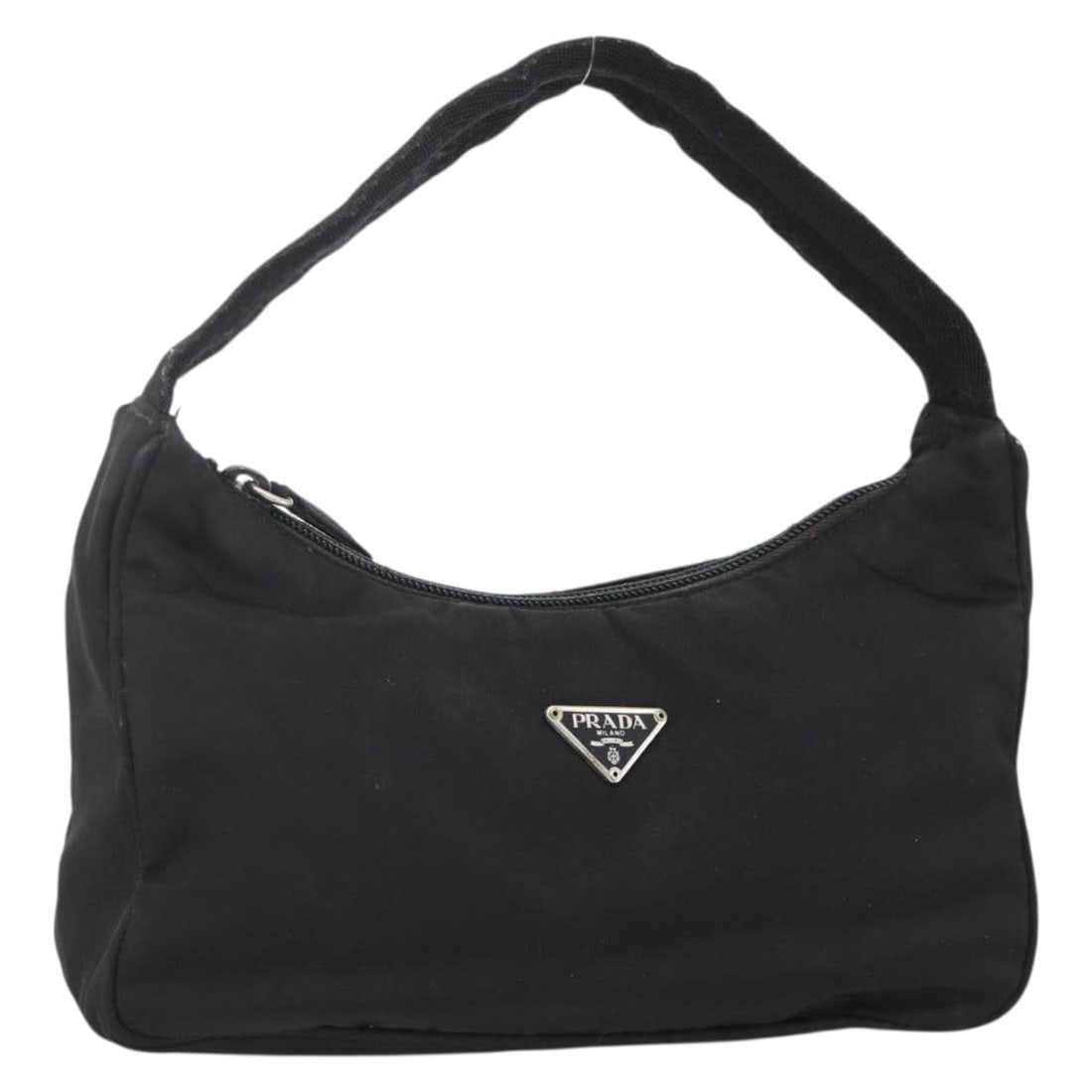 Prada Black Nylon Women's Handbag with Silver Accents Italy: Prada Black Nylon Women's Handbag with Silver Accents Italy This PRADA hand pouch is crafted from black nylon with silver-tone accents. Designed for women, it features a compact silhouette with a hand