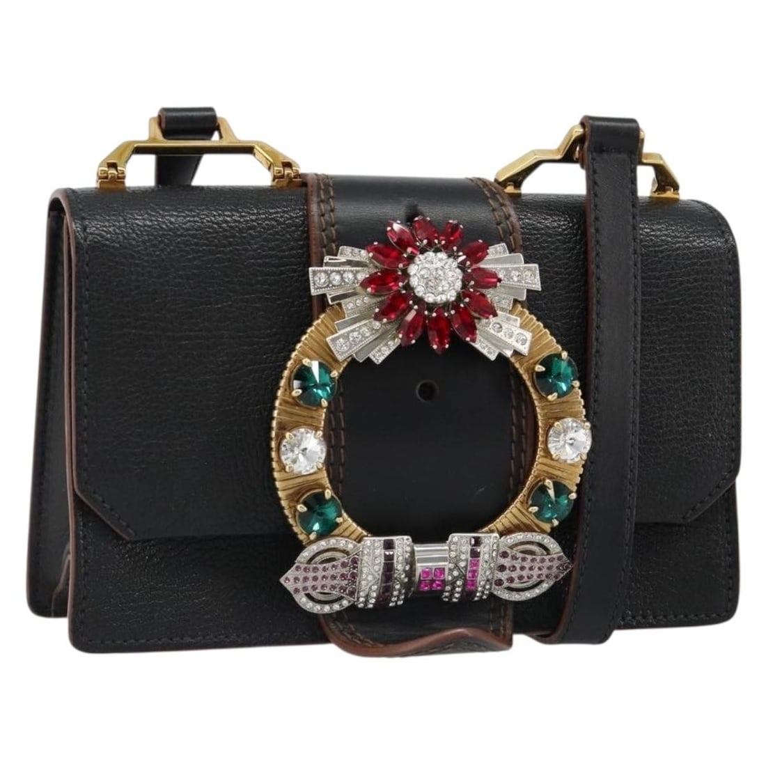 Miu Miu Black Leather Shoulder Bag with Guarantee Card: Miu Miu Black Leather Shoulder Bag with Guarantee Card Miu Miu shoulder bag in black and gold leather, made in Italy. It comes with a guarantee card and features a shoulder strap with an approximate d
