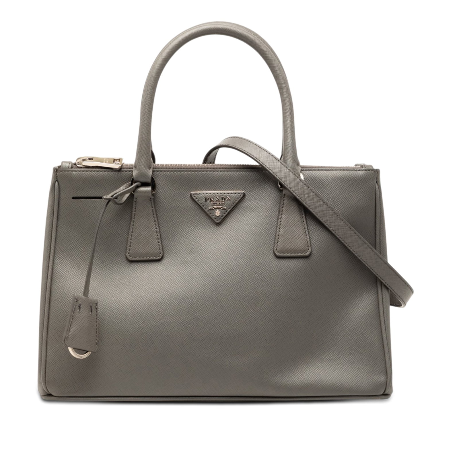 Prada Galleria Double Zip Leather Satchel Medium Gray: Prada Galleria Double Zip Leather Satchel Medium Gray This Prada Medium Saffiano Lux Galleria Double Zip Satchel is crafted from saffiano leather in gray and features rolled leather handles, a detacha
