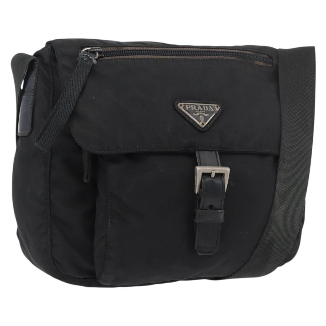 Prada Nylon Black Silver Women Shoulder Bag Italy: Prada Nylon Black Silver Women Shoulder Bag Italy This PRADA shoulder bag is crafted from black nylon with silver-tone details. Designed for women, it features an adjustable shoulder strap and a compa