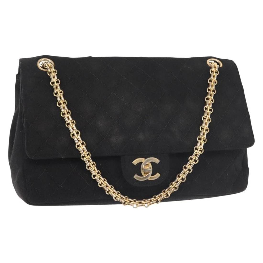 Chanel Black Cotton Matelasse 25 Shoulder Bag with Gold Chain CC Logo: Chanel Black Cotton Matelasse 25 Shoulder Bag with Gold Chain CC Logo This CHANEL Matelasse 25 shoulder bag features a classic black cotton exterior with gold-tone accents and a signature CC detail. D