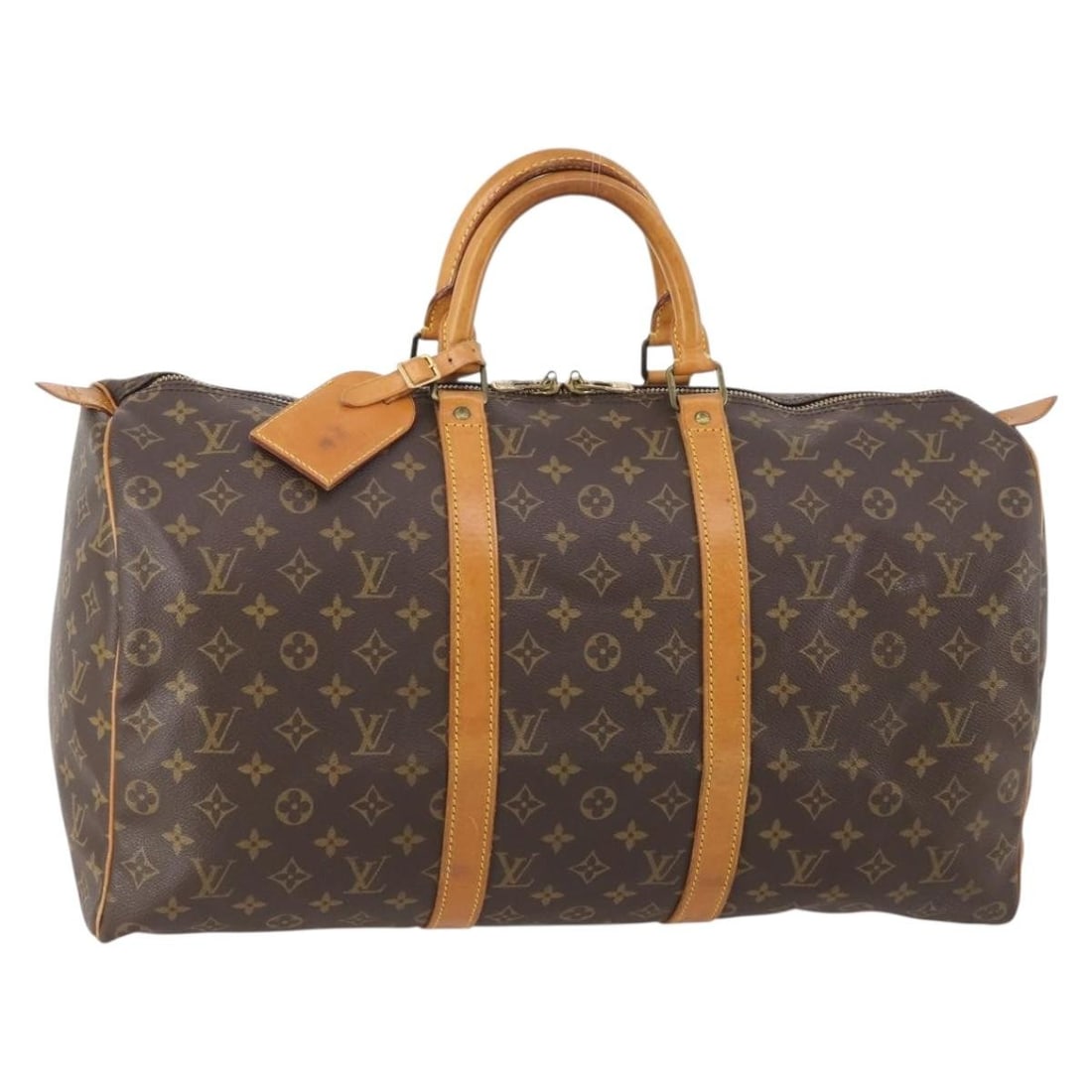 Louis Vuitton M41426 Keepall 50 Monogram Canvas Boston Bag: Louis Vuitton M41426 Keepall 50 Monogram Canvas Boston Bag Authentic Louis Vuitton Keepall 50 Boston bag in Monogram canvas with a classic travel silhouette. Includes a name tag. This heavily used bag