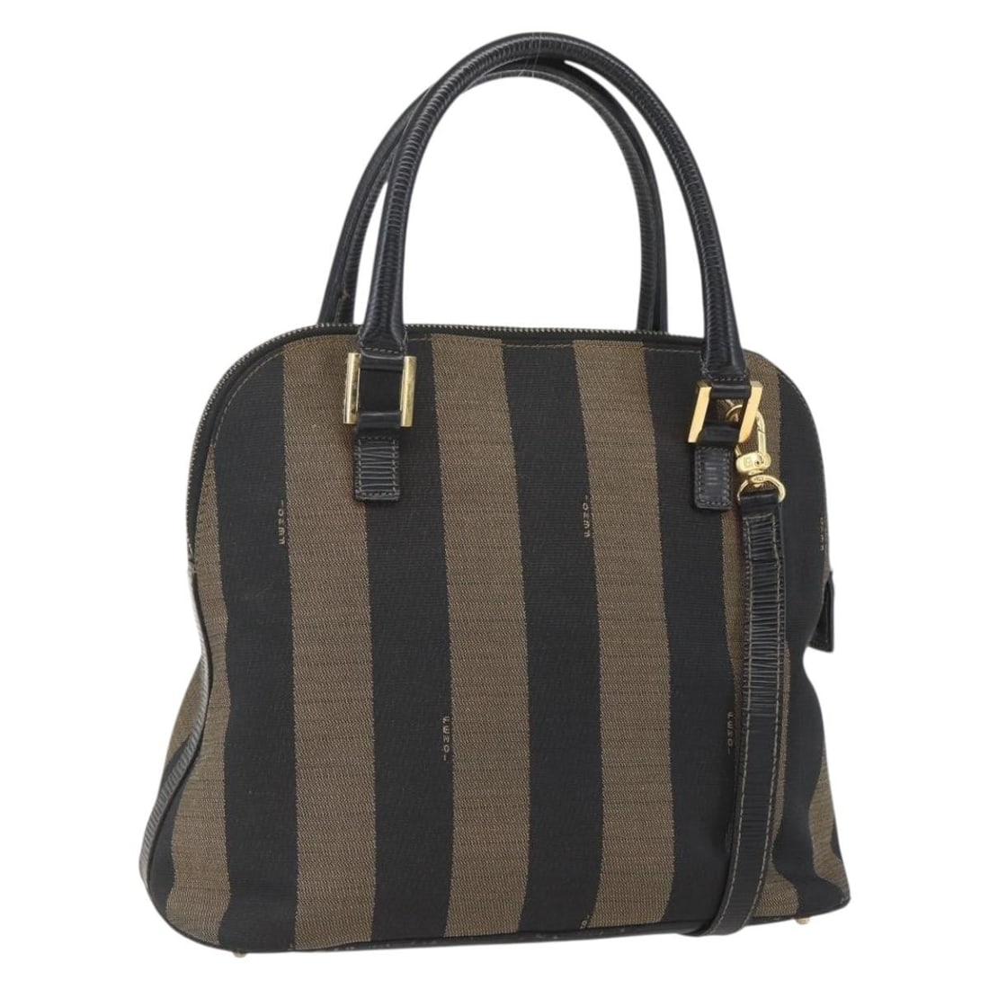 Fendi Pequin Canvas Black Brown 2way Handbag with Gold Accents: Fendi Pequin Canvas Black Brown 2way Handbag with Gold Accents This FENDI Pequin Canvas handbag features a two-way design in black, brown, and gold colors. Crafted in Italy, it is made from Pequin can