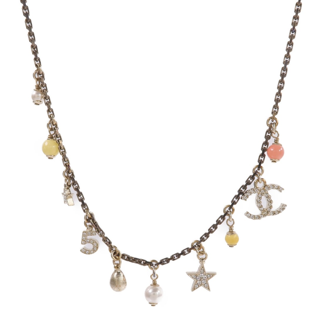 CHANEL CC Metal Necklace Gold Multicolor with Box: CHANEL CC Metal Necklace Gold Multicolor with Box CHANEL CC GHW metal necklace in gold and multicolor tones. The necklace is made of metal and comes with a storage box. Condition is AB: Very Good. Spe