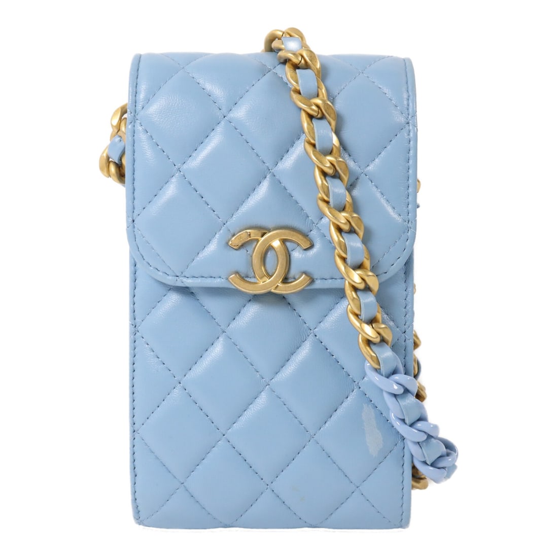 CHANEL AP2745 CC Phone Holder Chain Shoulder Bag Blue Lambskin: CHANEL AP2745 CC Phone Holder Chain Shoulder Bag Blue Lambskin Blue lambskin phone holder shoulder bag with chain strap from the CHANEL CC line. This women's bag features a compact silhouette with a m