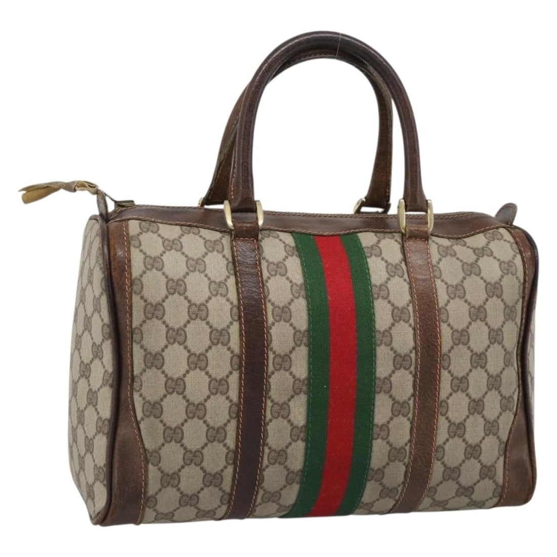GUCCI Boston Bag GG Supreme Sherry Web Line PVC Leather Beige Gold (1 of 18)