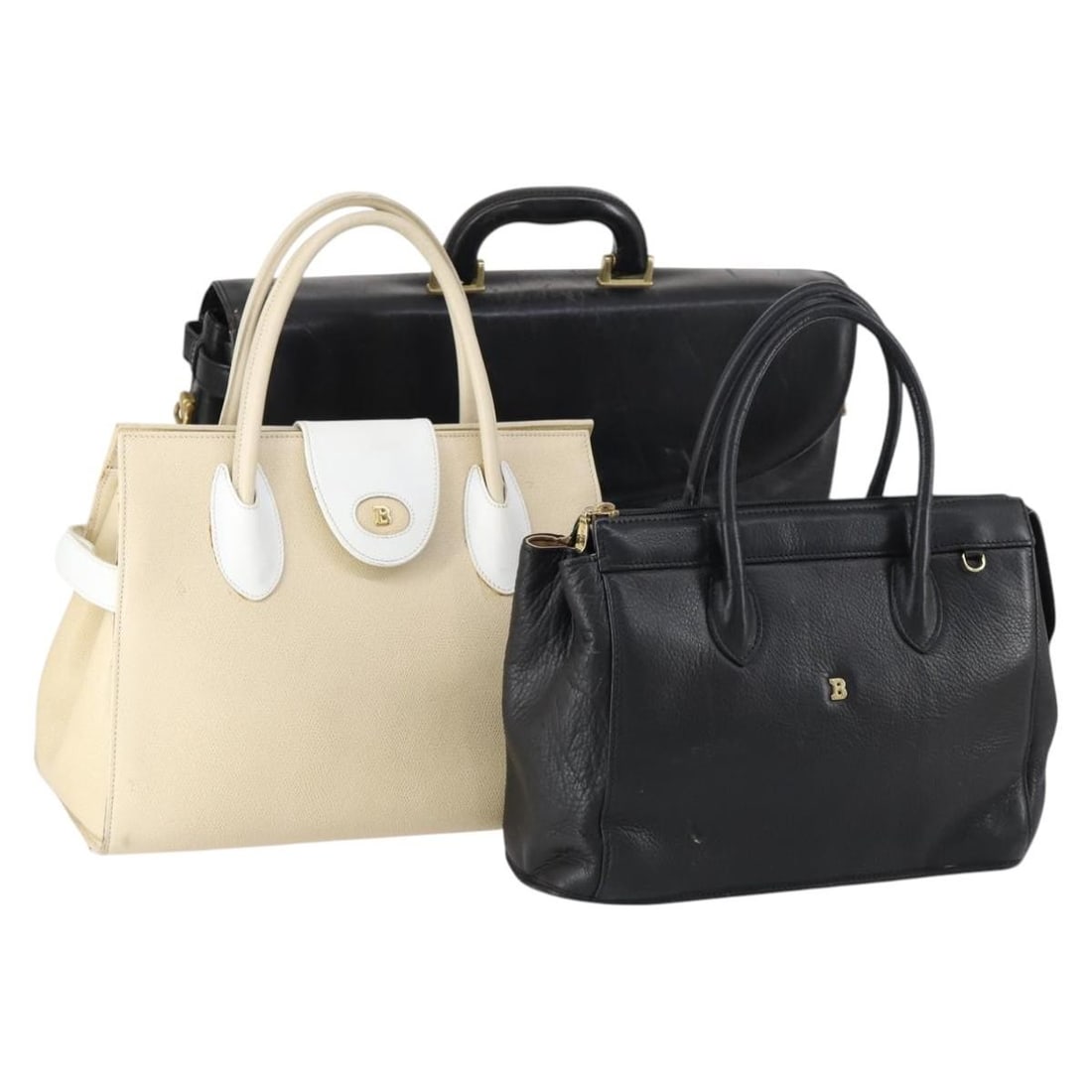 BALLY Leather Hand Bag Set Black Ivory Authentic 3 Pieces: BALLY Leather Hand Bag Set Black Ivory Authentic 3 Pieces This BALLY handbag set features a stylish combination of black and ivory leather, offering a chic accessory for any occasion. Crafted from qua
