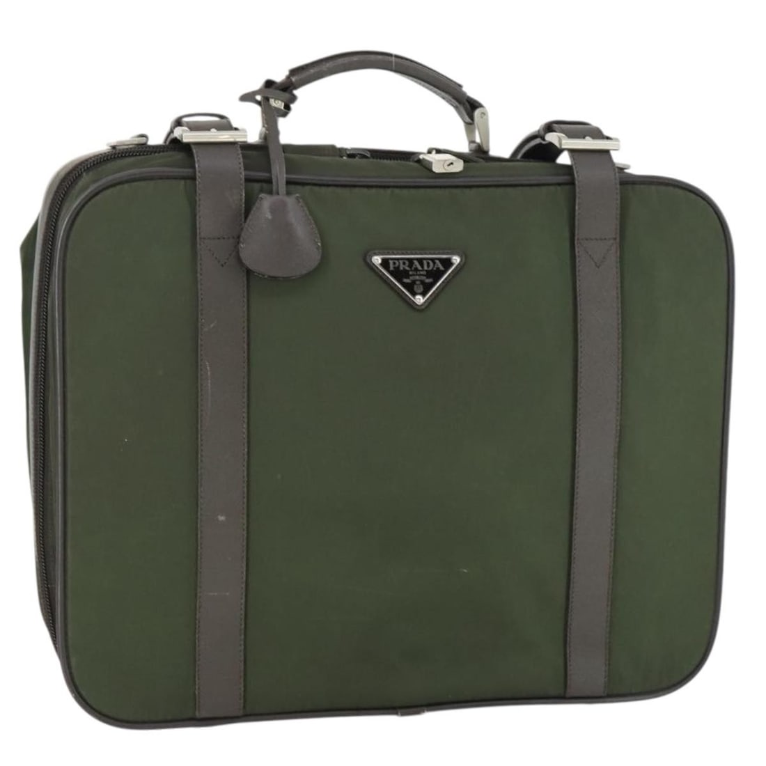 Khaki Nylon PRADA Business Tote with Silver Hardware and Padlock Set: Khaki Nylon PRADA Business Tote with Silver Hardware and Padlock Set This PRADA business bag features a khaki nylon exterior with silver-tone accents. Designed for practical use, it offers a spacious 