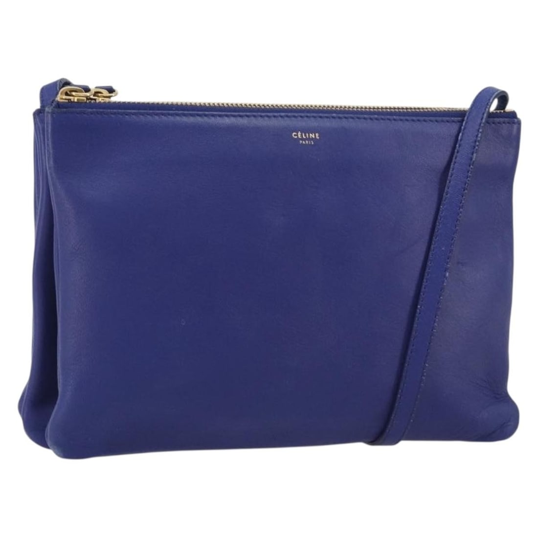 Celine Trio Blue Leather Shoulder Bag Gold Tone Hardware: Celine Trio Blue Leather Shoulder Bag Gold Tone Hardware CELINE Trio shoulder bag in blue leather with gold-tone accents, made in Italy. This women's shoulder bag has a slim profile and an adjustable 