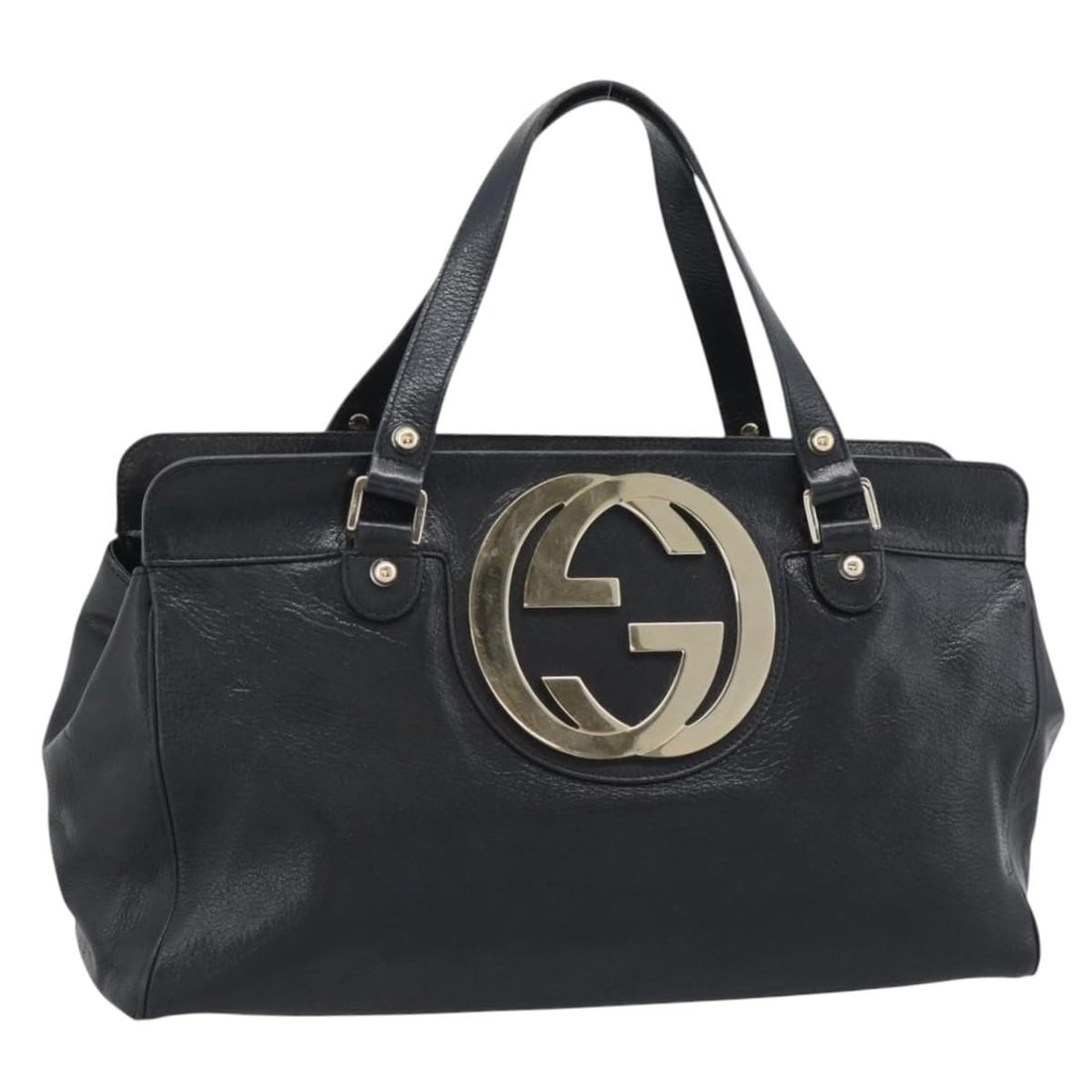 GUCCI 131445 Interlocking G Leather Handbag Black Gold Tone: GUCCI 131445 Interlocking G Leather Handbag Black Gold Tone Gucci Interlocking G handbag in black leather with gold-tone accents. This women's handbag is made in Italy and has been customized with rep