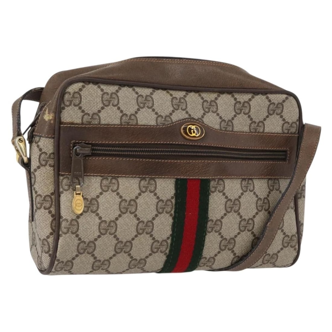 Beige Gold GG Supreme PVC Leather Shoulder Bag Gucci 68 02 004: Beige Gold GG Supreme PVC Leather Shoulder Bag Gucci 68 02 004 This Gucci GG Supreme Web Sherry Line shoulder bag features a beige and gold color scheme crafted from PVC leather and GG canvas. It has 