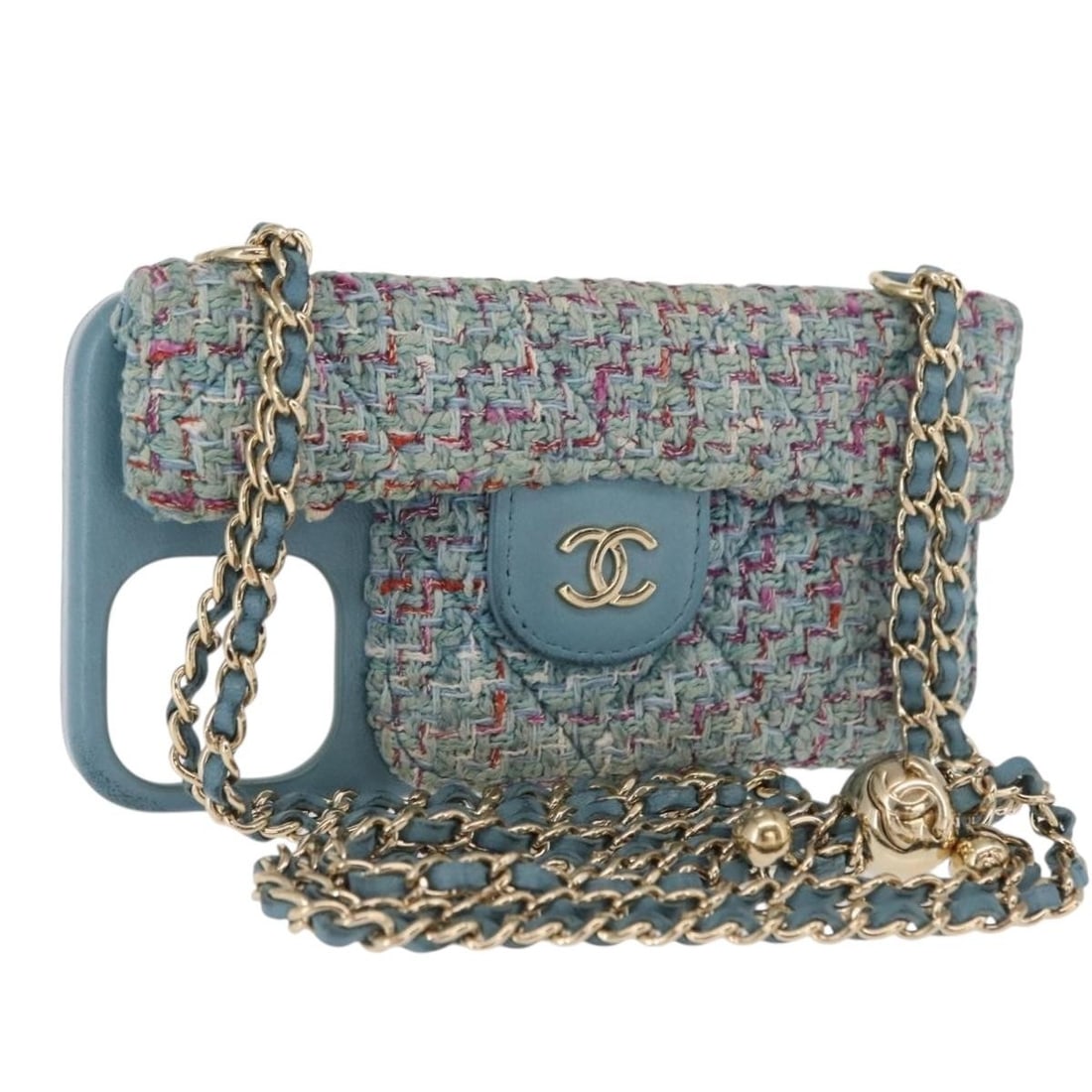 Light Blue CHANEL Tweed iPhone Case with CC Logo Accent: Light Blue CHANEL Tweed iPhone Case with CC Logo Accent This CHANEL iPhone case features a stylish light blue tweed design with leather exterior. Crafted in Italy, it is sized to fit an iPhone and off