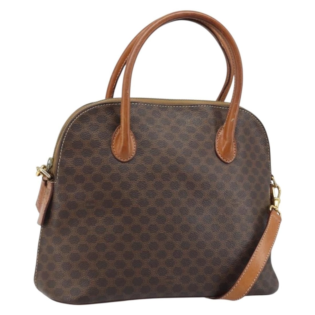 Celine Macadam Brown PVC Leather Convertible Handbag with Shoulder Strap: Celine Macadam Brown PVC Leather Convertible Handbag with Shoulder Strap This CELINE Macadam handbag is crafted from brown PVC leather and features the brand's iconic Macadam canvas design. The bag of
