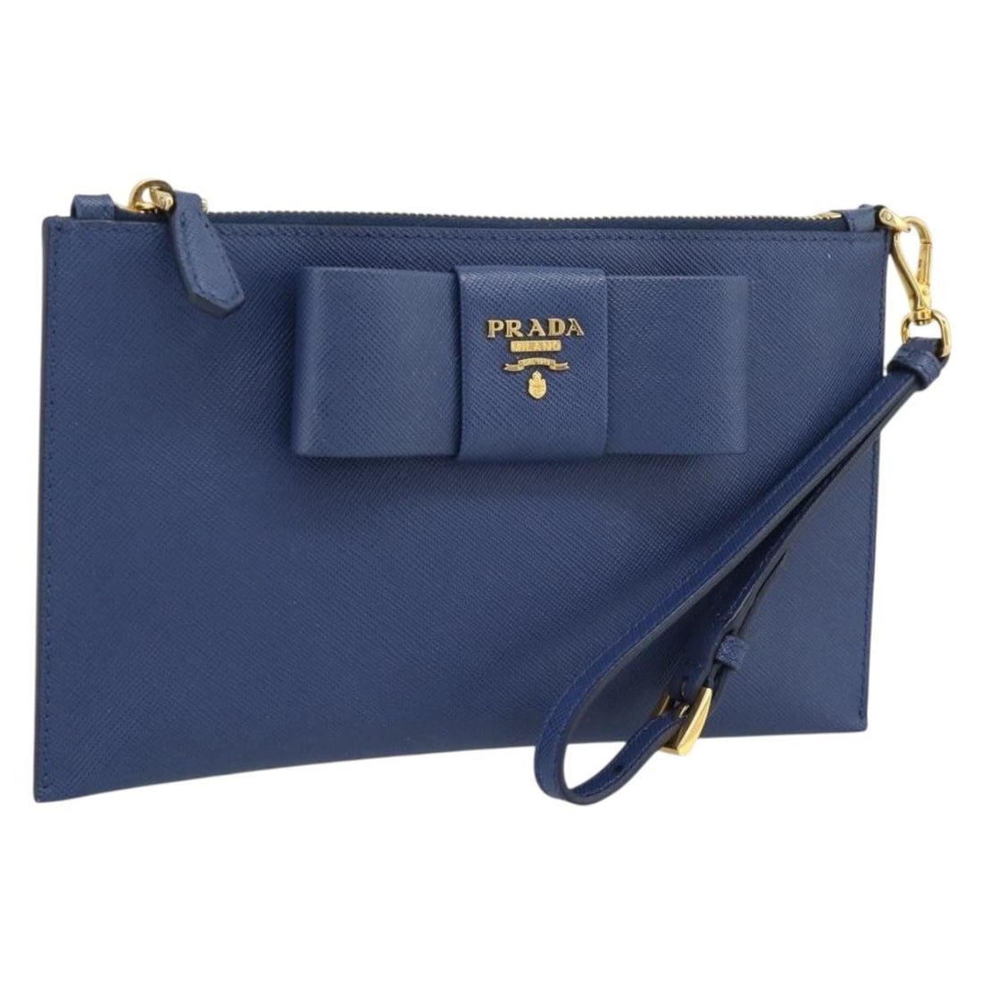 Prada Saffiano Leather Clutch Bag Blue Gold with Box: Prada Saffiano Leather Clutch Bag Blue Gold with Box Prada clutch bag in blue and gold Saffiano leather. Made in Italy, this women's clutch includes the item box. Condition is AB/very good, with sligh