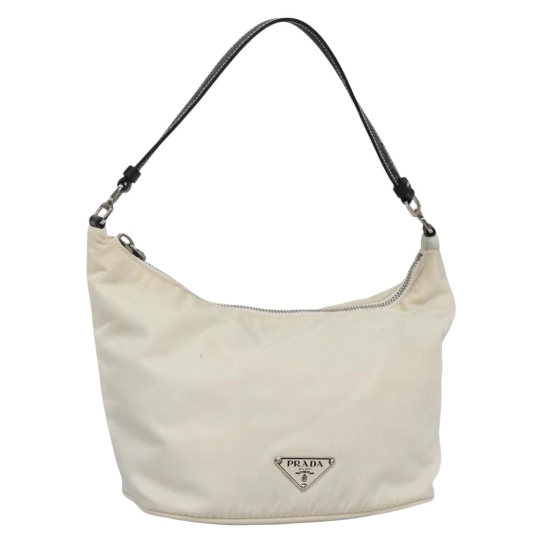 Prada nylon shoulder bag white silver with guarantee card: Prada nylon shoulder bag white silver with guarantee card Authentic Prada shoulder bag in white and silver nylon with a compact silhouette and short shoulder strap. Made in Italy, this women's bag inc