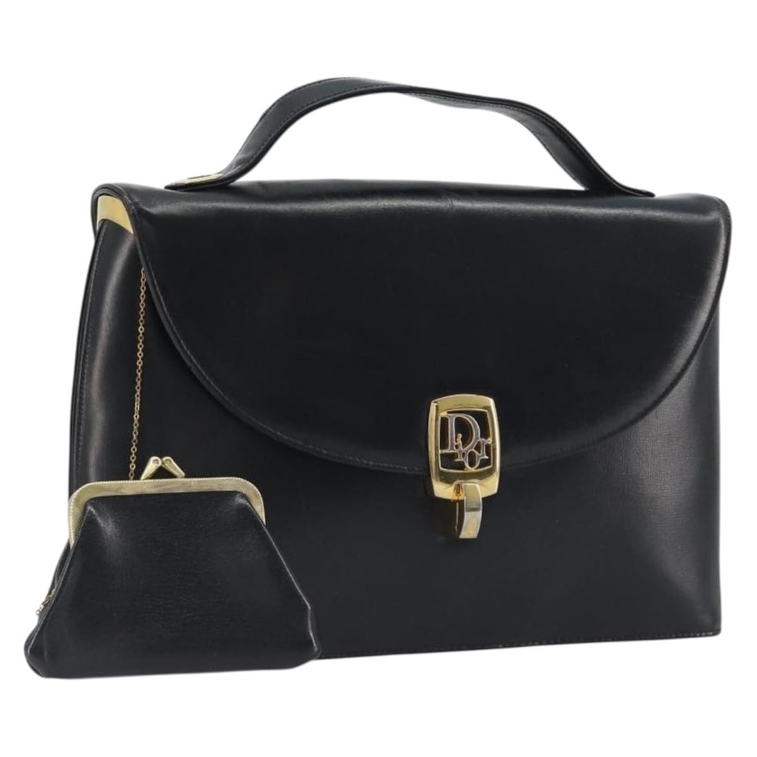 Christian Dior black leather handbag with gold tone hardware: Christian Dior black leather handbag with gold tone hardware Christian Dior women's leather handbag in black with gold-tone accents. This Italy-made bag has a structured silhouette and a short handle 