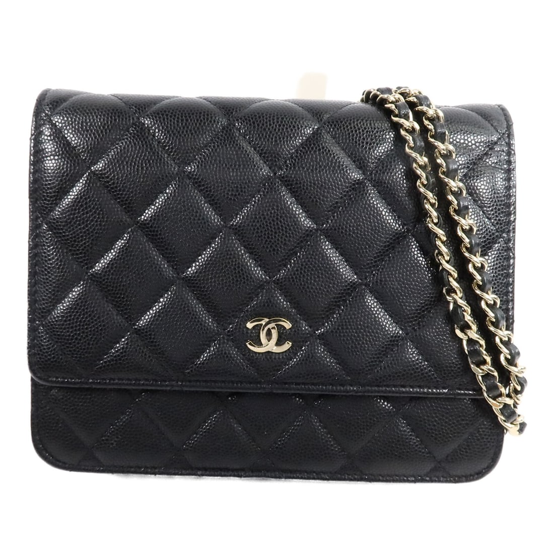 CHANEL Square Wallet on Chain Shoulder Bag Black Calfskin CC GHW: CHANEL Square Wallet on Chain Shoulder Bag Black Calfskin CC GHW Square wallet on chain shoulder bag in black calfskin leather with CC GHW styling. This women's shoulder bag features a compact structu