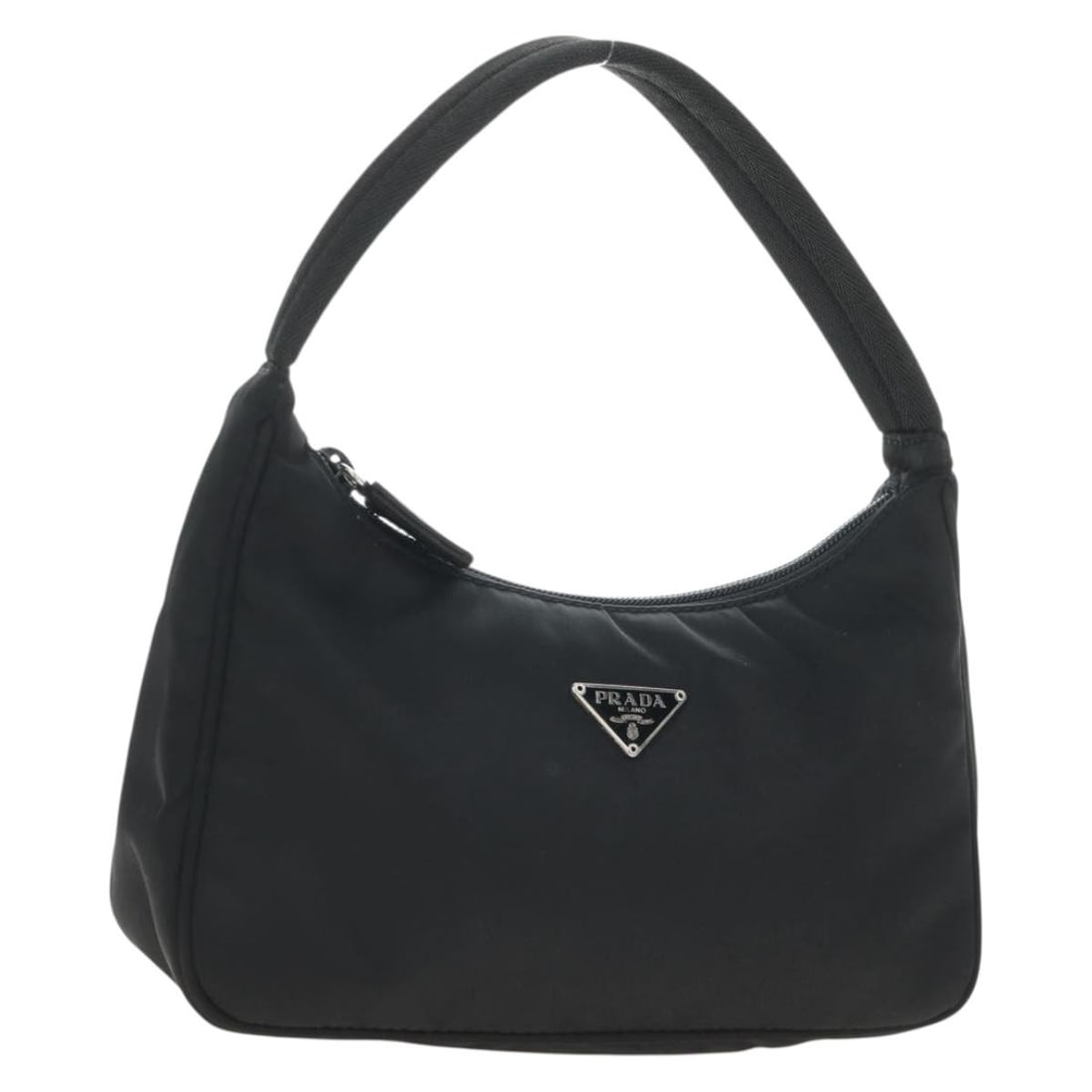 Prada Nylon Hand Bag Black Silver Tone with Dust Bag: Prada Nylon Hand Bag Black Silver Tone with Dust Bag Authentic Prada hand bag in black nylon with silver-tone accents. Includes a dust bag. Made in Italy. Condition is rated B with reasonable wear and