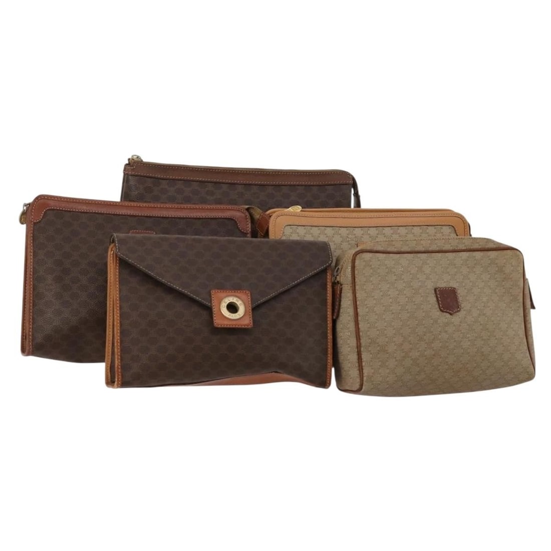 Lot of 5 CELINE Macadam Canvas and PVC Leather Clutch Bags Brown Beige: Lot of 5 CELINE Macadam Canvas and PVC Leather Clutch Bags Brown Beige CELINE clutch bag in PVC leather and Macadam canvas, presented in brown and beige. Made in Italy, this special bundle offer inclu