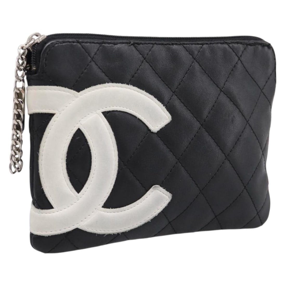 CHANEL Cambon Line leather pouch in black and silver: CHANEL Cambon Line leather pouch in black and silver Chanel Cambon Line Matelasse pouch in black and silver leather. This women's pouch is made in Italy and includes the item box. Condition is heavily