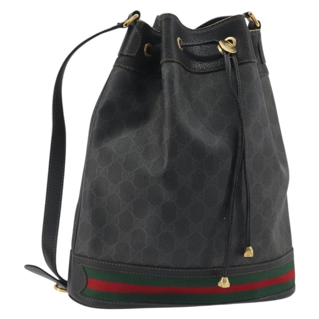 Gucci 41 02 085 GG Supreme Web Shoulder Bag Black PVC Leather: Gucci 41 02 085 GG Supreme Web Shoulder Bag Black PVC Leather Gucci GG Supreme Web Sherry Line shoulder bag in black and gold PVC leather with GG canvas. Made in Italy, this women's bag is a heavily u