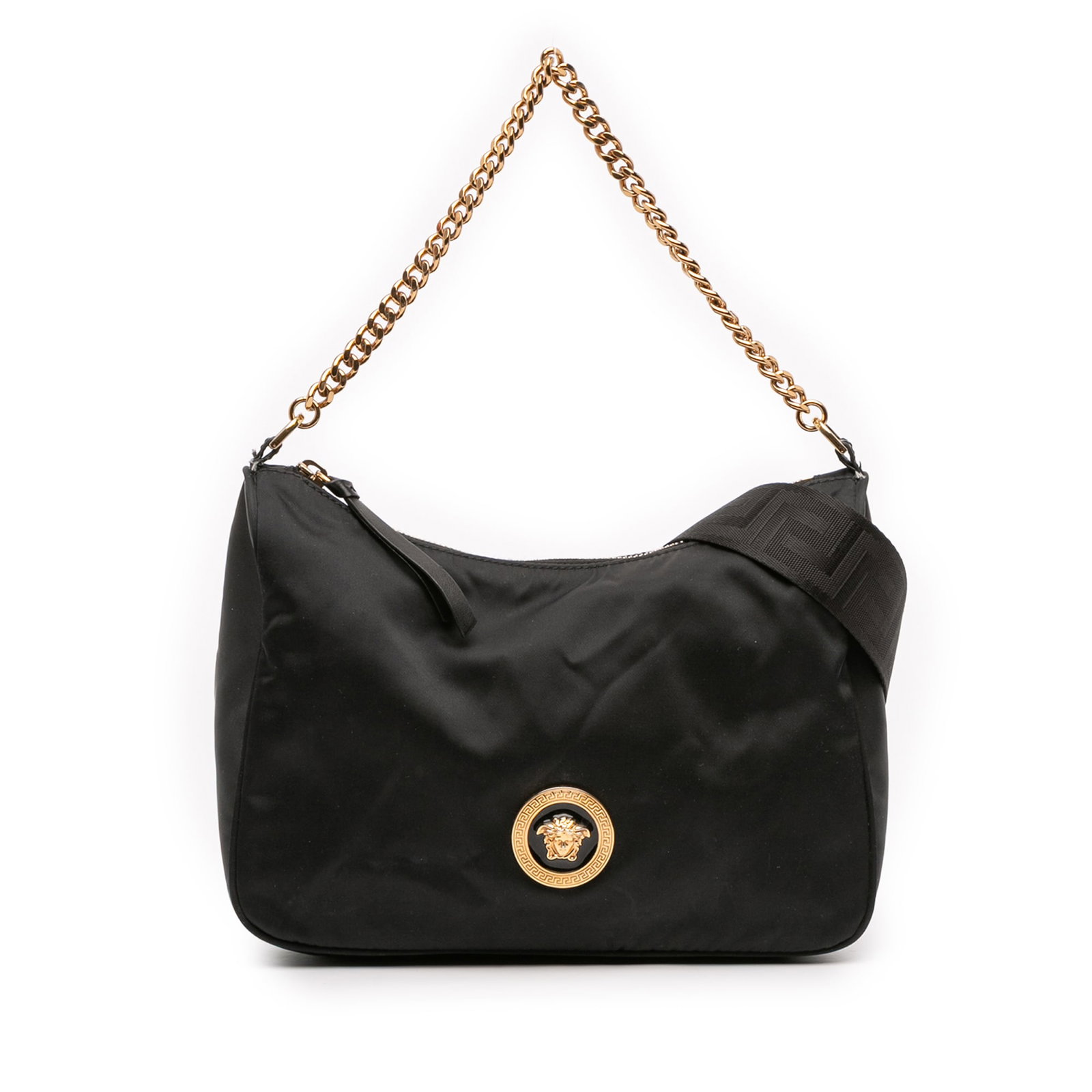 Nylon La Medusa Chain Satchel by Versace with Gold-Tone Hardware: Nylon La Medusa Chain Satchel by Versace with Gold-Tone Hardware This Versace Nylon Tribute La Medusa Chain Satchel features a black nylon body enhanced with gold-tone hardware. It is designed with a 