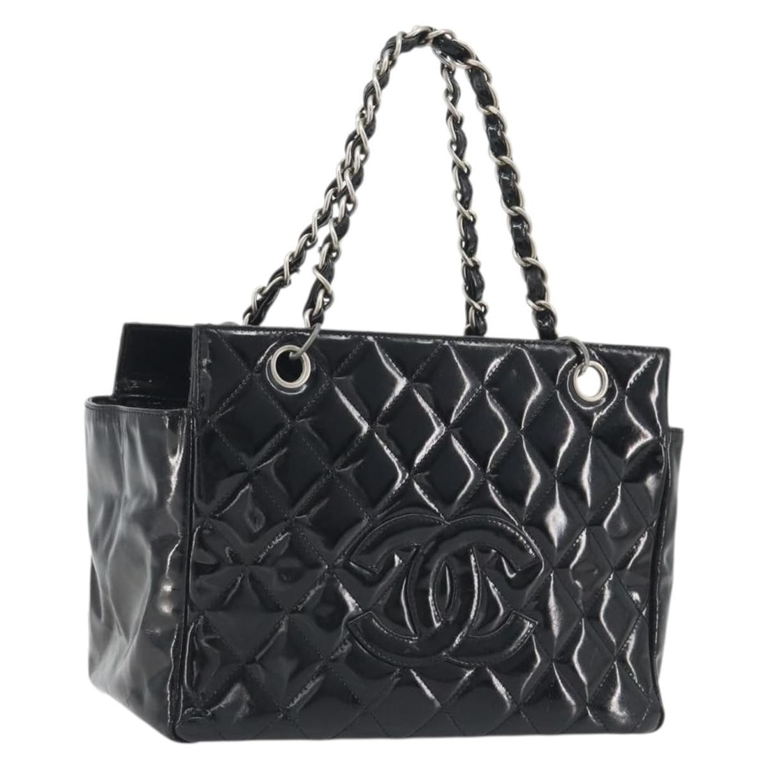 CHANEL patent leather shoulder bag black with silver CC: CHANEL patent leather shoulder bag black with silver CC CHANEL Matelasse chain shoulder bag in black patent leather with silver-tone CC detailing. Made in Italy, this women's shoulder bag is heavily u