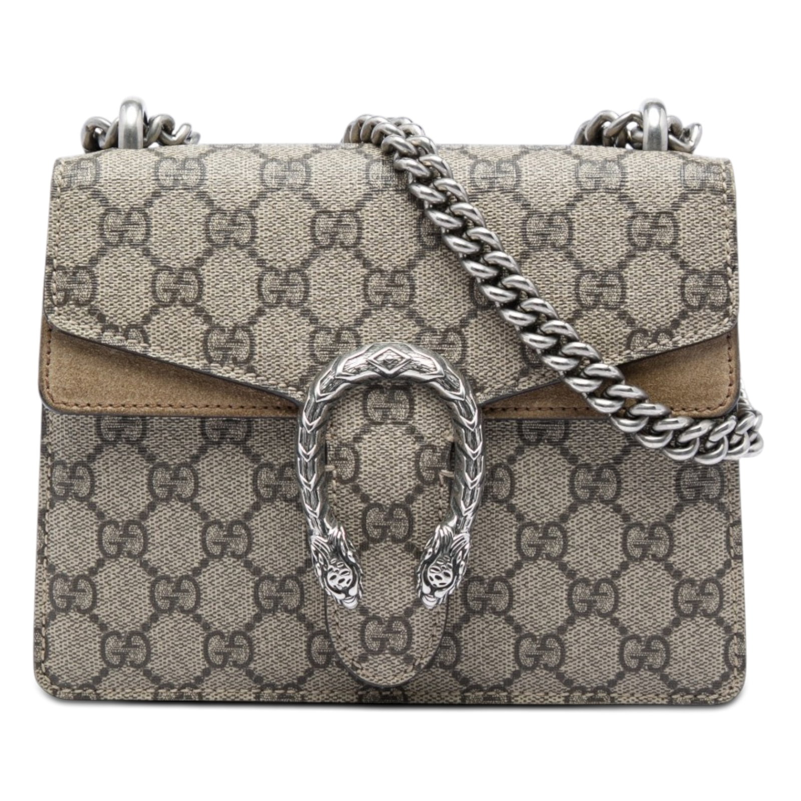 Gucci Dionysus Small GG Supreme Crossbody Bag Beige: Gucci Dionysus Small GG Supreme Crossbody Bag Beige A Gucci Small GG Supreme Dionysus Crossbody bag in beige, made in Italy. It features a coated canvas body with suede leather trim, a silver-tone cha