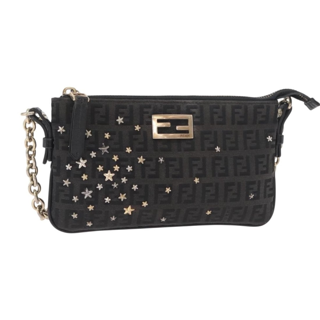 Fendi Zucchino Canvas Shoulder Bag Black and Gold Chain Strap: Fendi Zucchino Canvas Shoulder Bag Black and Gold Chain Strap Authentic Fendi Zucchino canvas chain shoulder bag in black and gold. This women's shoulder bag is made in Italy and includes only the bag