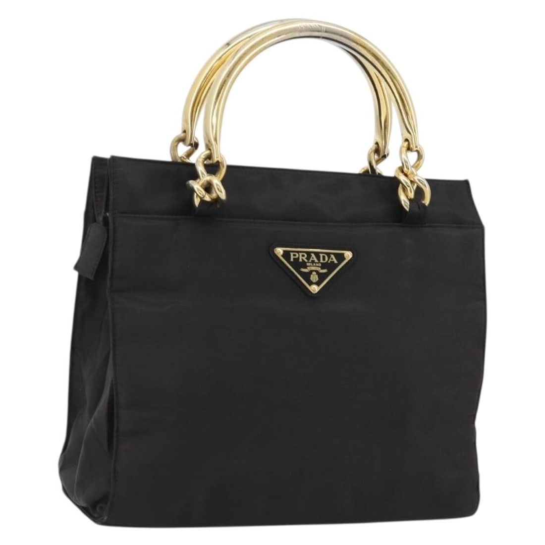 PRADA Black Nylon Hand Bag Gold Tone Hardware Italy: PRADA Black Nylon Hand Bag Gold Tone Hardware Italy PRADA hand bag in black and gold nylon, made in Italy. This women's bag measures approximately 28 cm wide, 25 cm high, and 10 cm deep, with a handle
