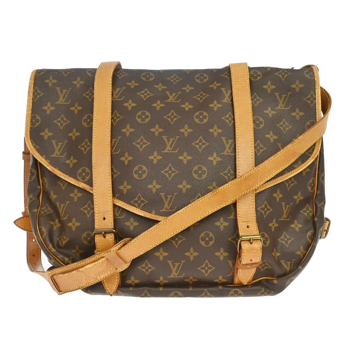 Louis Vuitton Saumur 43 Monogram Canvas Crossbody Messenger Bag M42252: Louis Vuitton Saumur 43 Monogram Canvas Crossbody Messenger Bag M42252 Vintage Louis Vuitton Saumur messenger bag in brown Monogram canvas with leather trim and a crossbody strap. This unisex bag feat