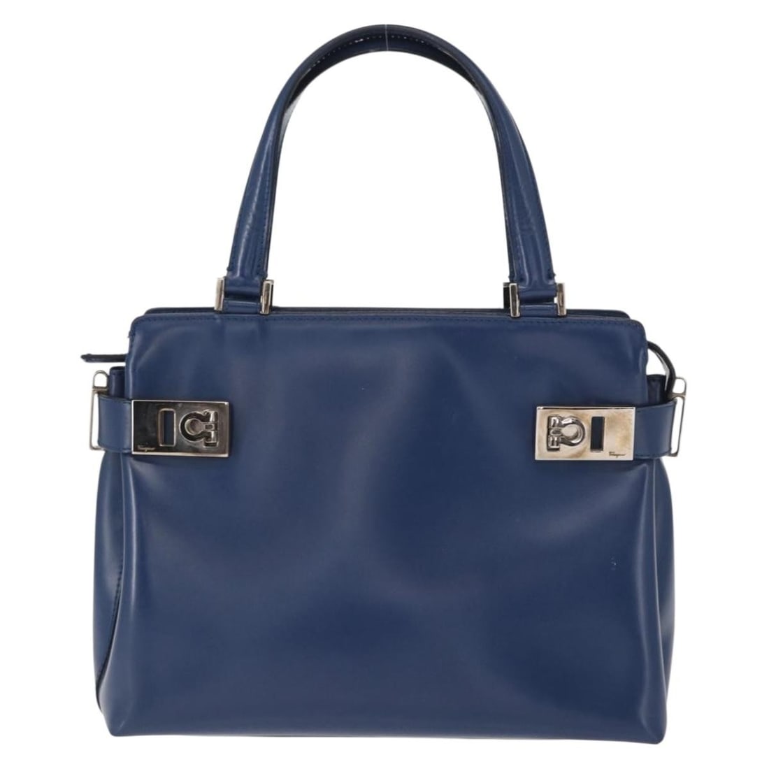 Blue Leather Tote by Salvatore Ferragamo Double Gancini Side Buckle: Blue Leather Tote by Salvatore Ferragamo Double Gancini Side Buckle This Salvatore Ferragamo Double Gancini Side Buckle Tote is crafted from blue leather and designed for women. The handbag features s