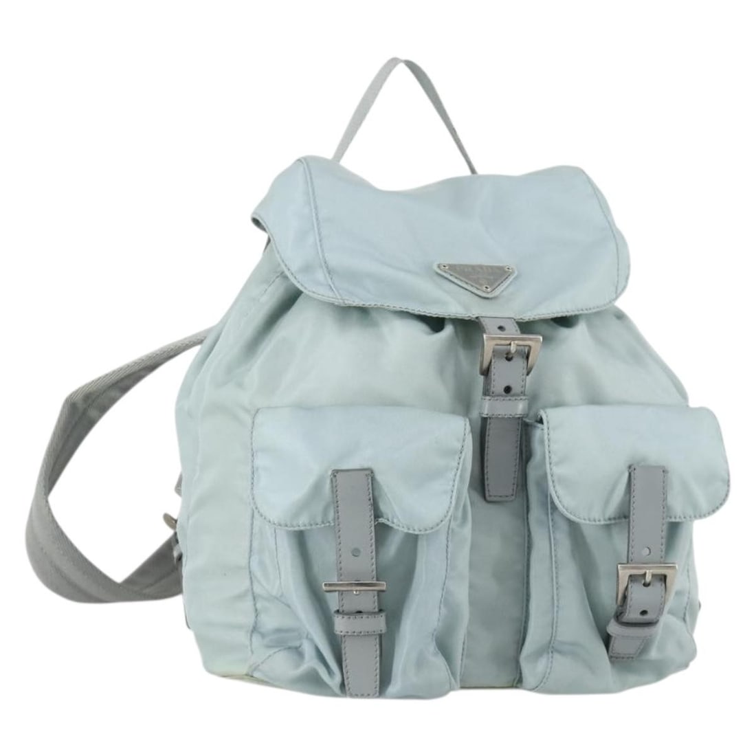 Light Blue Nylon Prada Women's Backpack Silver Tone Hardware BA9058: Light Blue Nylon Prada Women's Backpack Silver Tone Hardware BA9058 This PRADA backpack features a light blue nylon exterior with silver-tone details. Designed for women, it offers a spacious interior