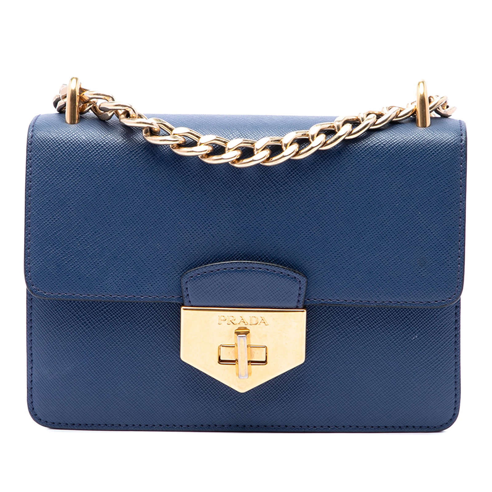 Prada Saffiano Leather Turnlock Chain Crossbody Bag Blue: Prada Saffiano Leather Turnlock Chain Crossbody Bag Blue Prada Saffiano Turnlock Chain Crossbody bag in blue leather, made in Romania. It features a saffiano leather body, chain link strap with leathe