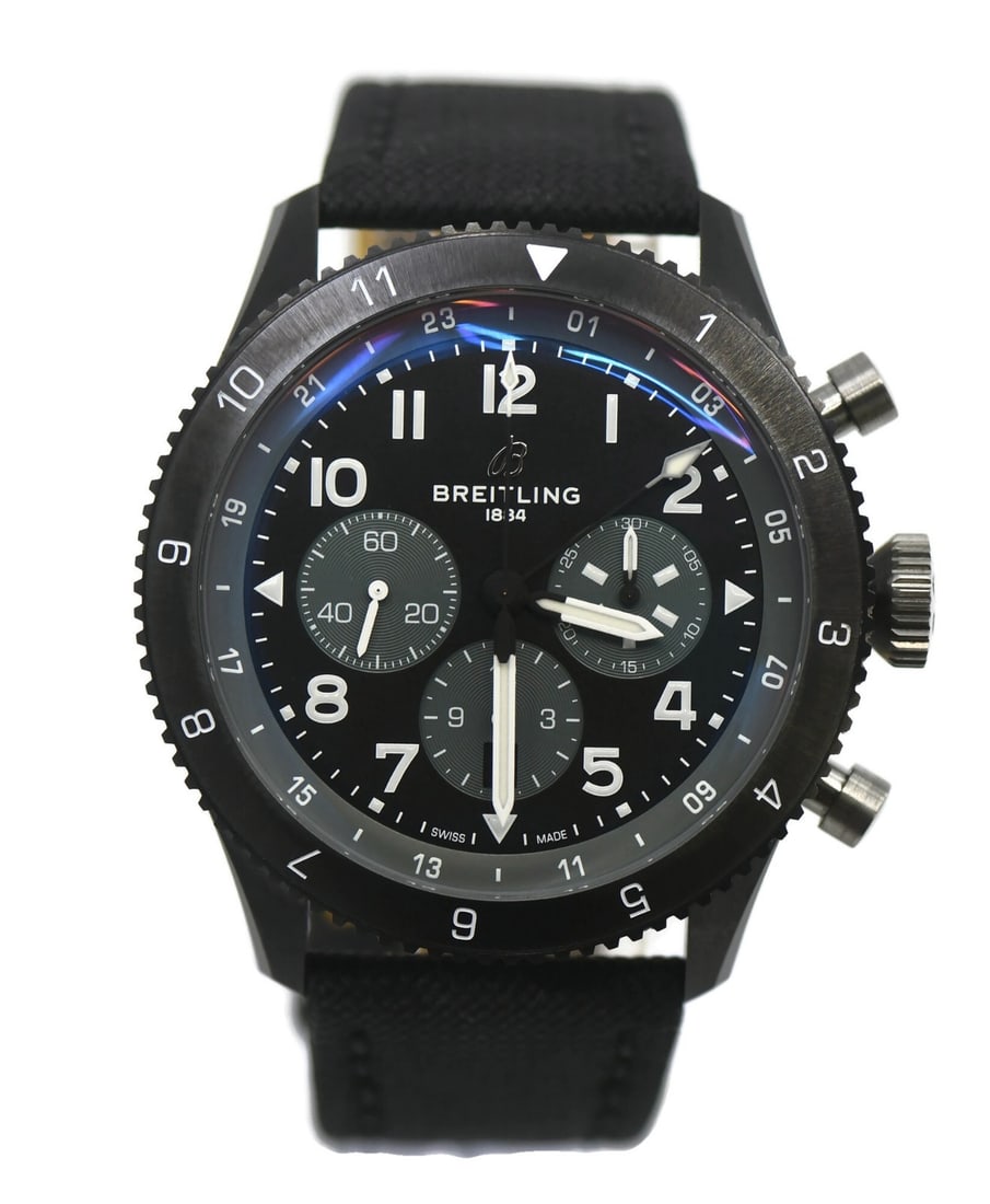 Men's Super AVI GMT Chronograph 46mm Ceramic Automatic Watch with Box and Papers: Men's Super AVI GMT Chronograph 46mm Ceramic Automatic Watch with Box and Papers This Breitling Super AVI GMT Chronograph is a men's wristwatch featuring a mechanical automatic movement. The watch com