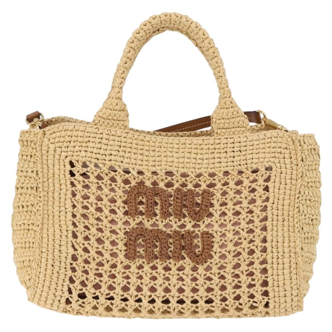 Miu Miu 2way Beige Woven Tote Bag with Strap: Miu Miu 2way Beige Woven Tote Bag with Strap Miu Miu 2-way woven tote bag in beige with gold-tone accents. Made in Italy, this women's bag includes both top handles and a detachable shoulder strap for