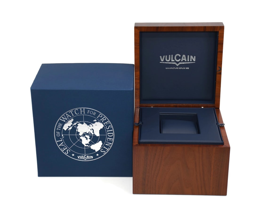 Vulcain Single Watch Presentation Box 7X7X6 Inches: Vulcain Single Watch Presentation Box 7X7X6 Inches Pre-owned Vulcain presentation box designed for a single watch. This authentic box is made in Switzerland and offers a compact storage or display opt