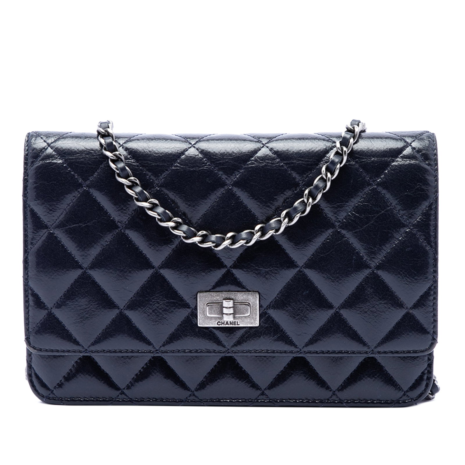 Chanel Reissue 2.55 Quilted Aged Calfskin WOC Blue: Chanel Reissue 2.55 Quilted Aged Calfskin WOC Blue This Chanel Wallet on Chain is crafted from quilted shiny aged calfskin leather and features a leather-woven chain link strap with a front flap and m