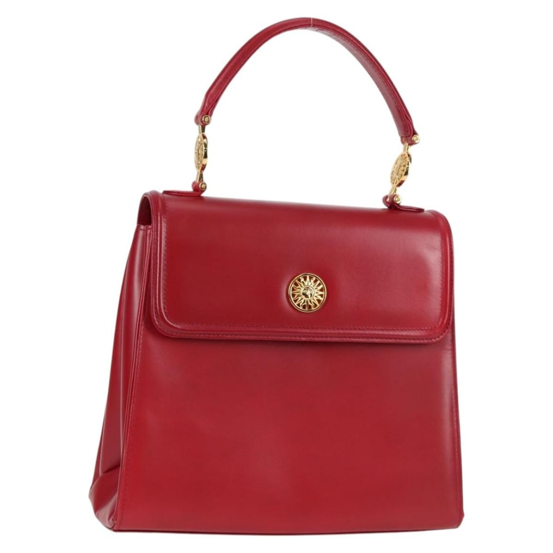 Versace Red Leather Hand Bag with Dust Bag Made in Italy: Versace Red Leather Hand Bag with Dust Bag Made in Italy Versace women's leather handbag in red with gold-tone accents, made in Italy. This piece includes a dust bag and is noted in AB very good condi