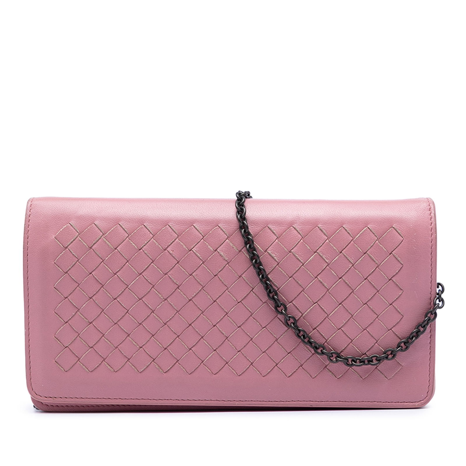 Bottega Veneta Pink Nappa Intrecciato Chain Wallet Crossbody: Bottega Veneta Pink Nappa Intrecciato Chain Wallet Crossbody This Bottega Veneta Nappa Intrecciato Continental Wallet on Chain is crafted from pink nappa leather and features the brand's signature int