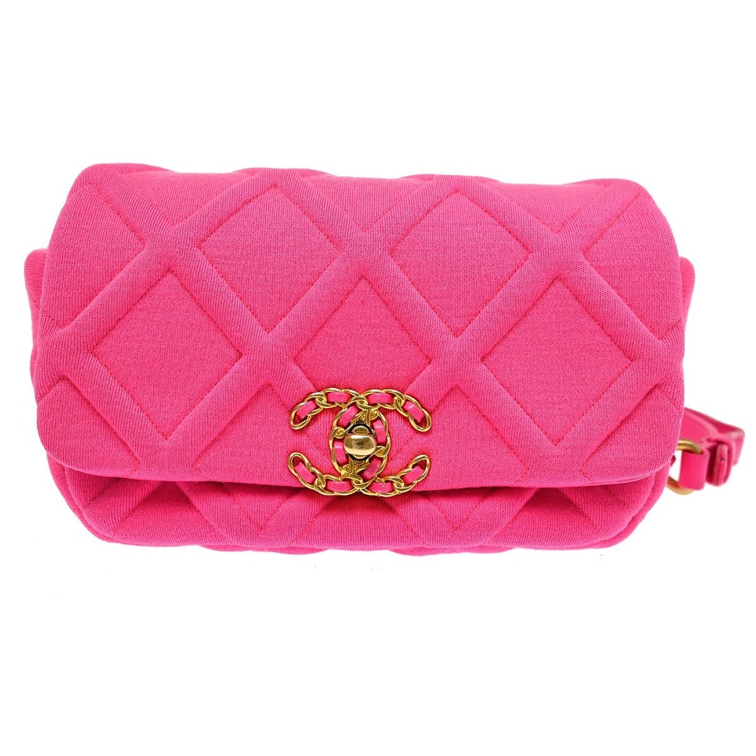 Chanel 19 Belt pink canvas quilted bag: Chanel 19 Belt pink canvas quilted bag Chanel 19 Belt in pink canvas with a quilted design. Made in Italy, this belt bag is presented in good condition with noted exterior dirt and belt scuff. Specifi