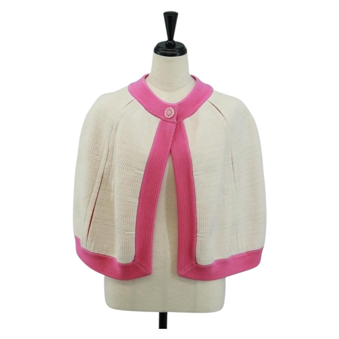 CHANEL White Pink Cotton Cape Poncho Jacket Italy: CHANEL White Pink Cotton Cape Poncho Jacket Italy Authentic CHANEL women's cape poncho in white and pink cotton. This jacket-style piece is made in Italy and includes a dust bag and one hanger. Condit