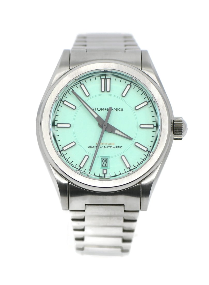 Astor & Banks Fortitude Automatic Stainless Steel Wristwatch Ref S2.135: Astor & Banks Fortitude Automatic Stainless Steel Wristwatch Ref S2.135 Astor & Banks Fortitude Pro wristwatch with a round stainless steel case and brushed silver finish. It features a green solid di