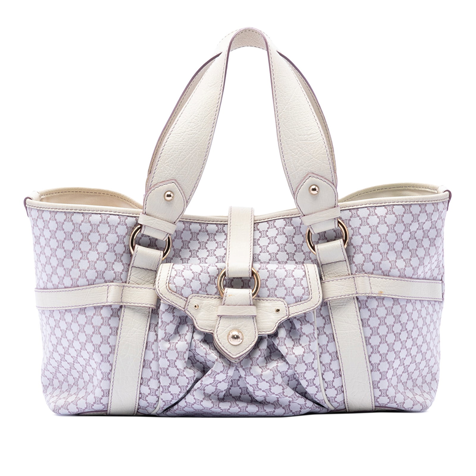 Celine Macadam Purple Canvas Tote Bag with Leather Trim: Celine Macadam Purple Canvas Tote Bag with Leather Trim Celine Macadam Canvas Tote in purple with leather trim and flat leather handles. The bag features a top strap with magnetic snap closure, an ext