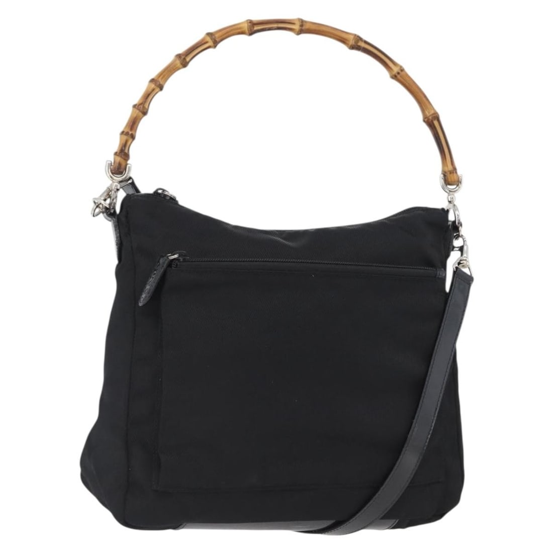 Gucci Black Nylon Bamboo 2Way Shoulder Bag with Silver Hardware and Strap: Gucci Black Nylon Bamboo 2Way Shoulder Bag with Silver Hardware and Strap This GUCCI bamboo shoulder bag is crafted from black nylon with silver-tone accents and features a versatile 2-way design. Des