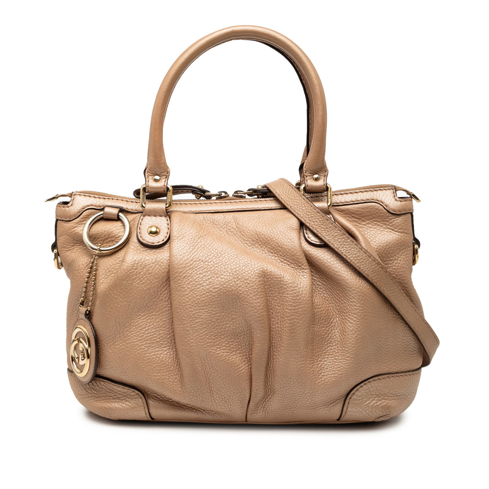 Gucci Sukey Leather Satchel with Detachable Strap Gold: Gucci Sukey Leather Satchel with Detachable Strap Gold The Gucci Calfskin Sukey Satchel showcases a leather exterior with rolled leather handles and a detachable leather strap. It features a top zip c