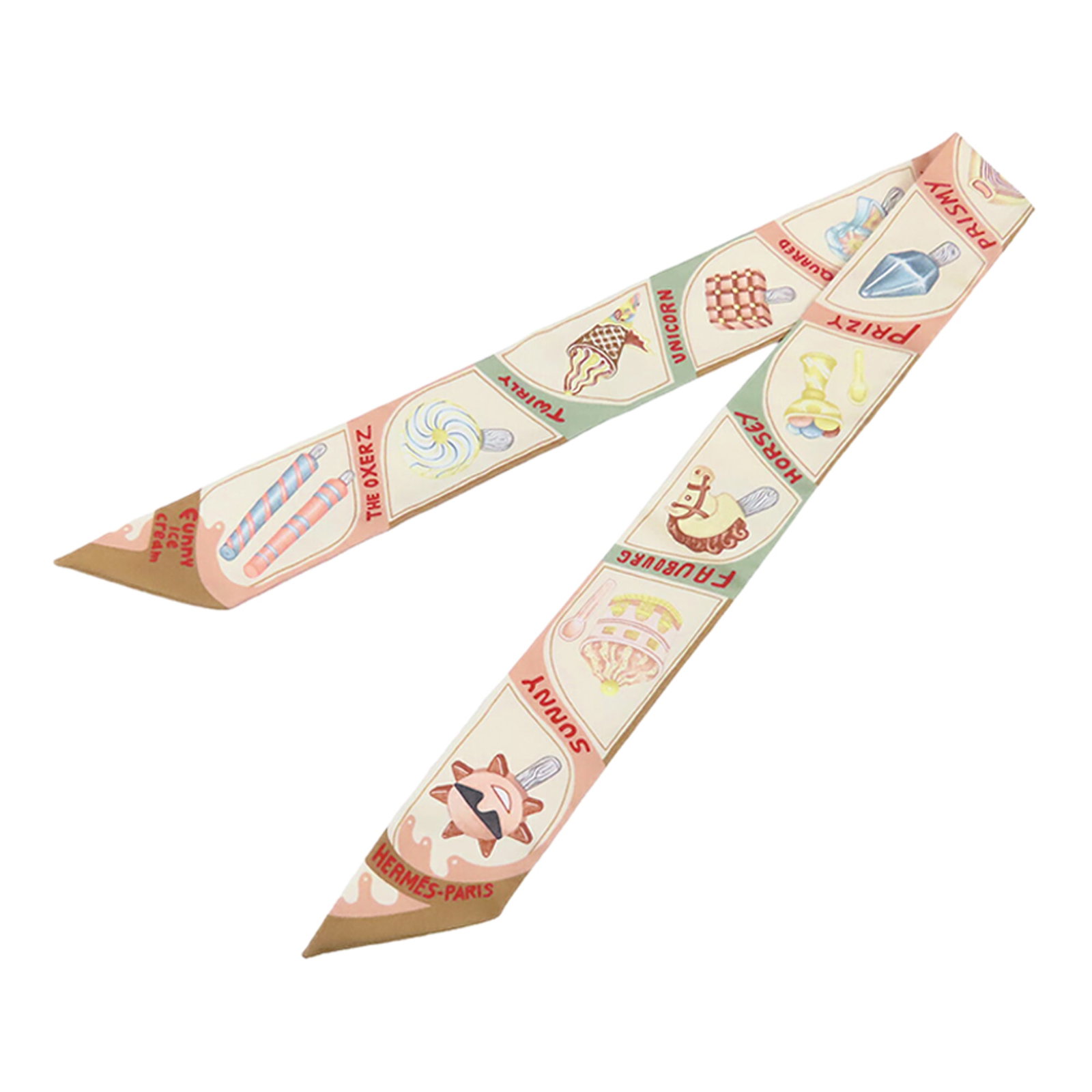 Hermes Funny Ice Cream Twilly Silk Scarf Beige: Hermes Funny Ice Cream Twilly Silk Scarf Beige Hermes Funny Ice Cream Silk Twilly scarf featuring a printed design on silk. Made in France, this accessory comes in beige and includes the box. Conditio