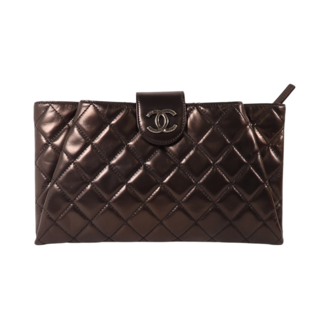 CHANEL CC Envelope Clutch Pouch in Bronze Brown Calfskin: CHANEL CC Envelope Clutch Pouch in Bronze Brown Calfskin Envelope clutch bag in calfskin leather with a CC design and silver-tone hardware. The bag features a magnetic pocket and an interior with one 