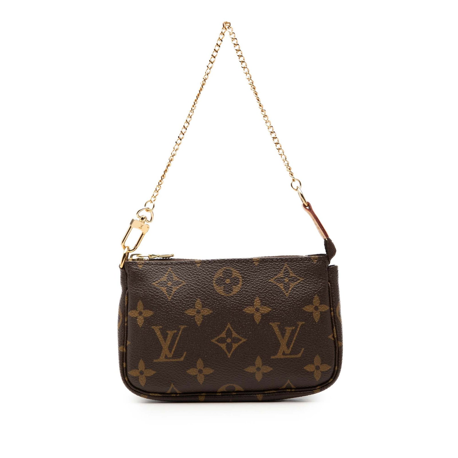 Louis Vuitton Monogram Mini Pochette Canvas Bag with Chain: Louis Vuitton Monogram Mini Pochette Canvas Bag with Chain Louis Vuitton Monogram Mini Pochette Accessoires in brown monogram canvas with a gold-tone chain strap and top zip closure. Includes dust bag