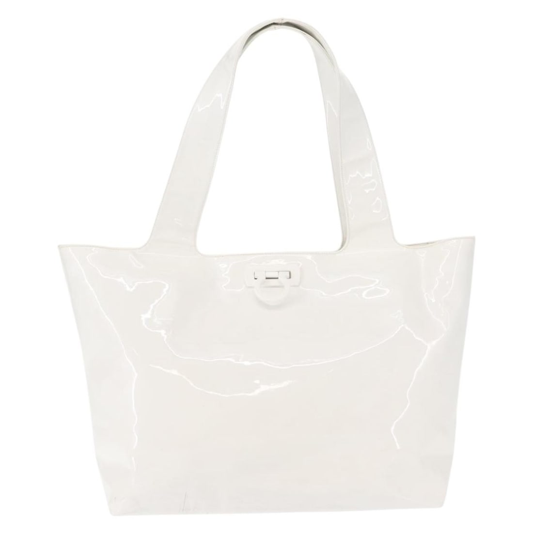 Salvatore Ferragamo Gancini Patent Leather Tote Bag White: Salvatore Ferragamo Gancini Patent Leather Tote Bag White Salvatore Ferragamo Gancini Tote in white patent leather, designed for women. This tote is made in Italy and measures 37 cm x 25 cm x 12 cm. I
